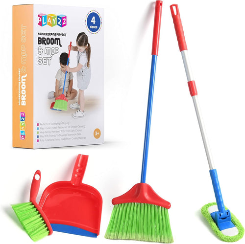 Kids Cleaning Set 4 Piece - Toy Cleaning Set Includes Broom, Mop, Brush, Dust Pan, - Toy Kitchen Toddler Cleaning Set is A Great Toy Gift for Boys & Girls - Original - by Play22