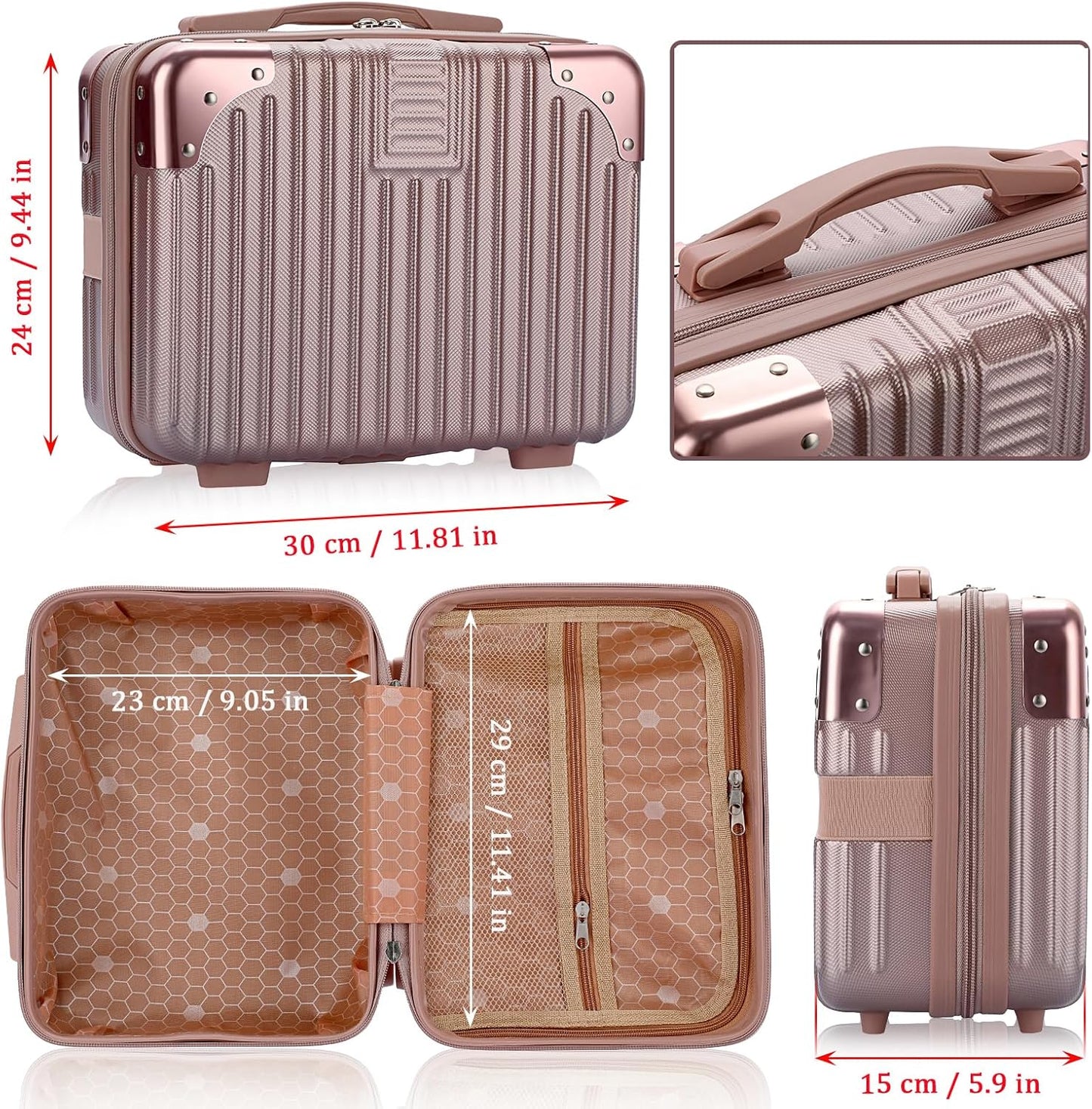 BSTKEY Portable Hard Shell Cosmetic Travel Case, Small Travel Hand Luggage with Elastic Band, Mini ABS Carrying Makeup Case Suitcase, Rose Gold