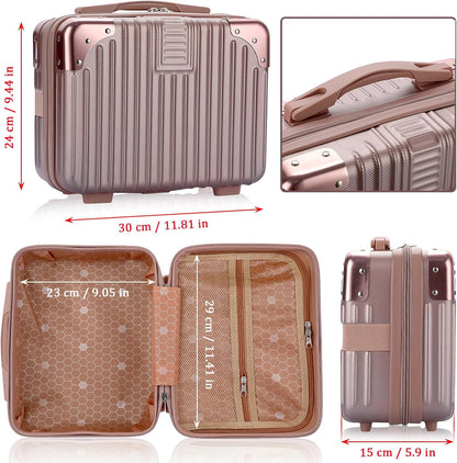 BSTKEY Portable Hard Shell Cosmetic Travel Case, Small Travel Hand Luggage with Elastic Band, Mini ABS Carrying Makeup Case Suitcase, Rose Gold