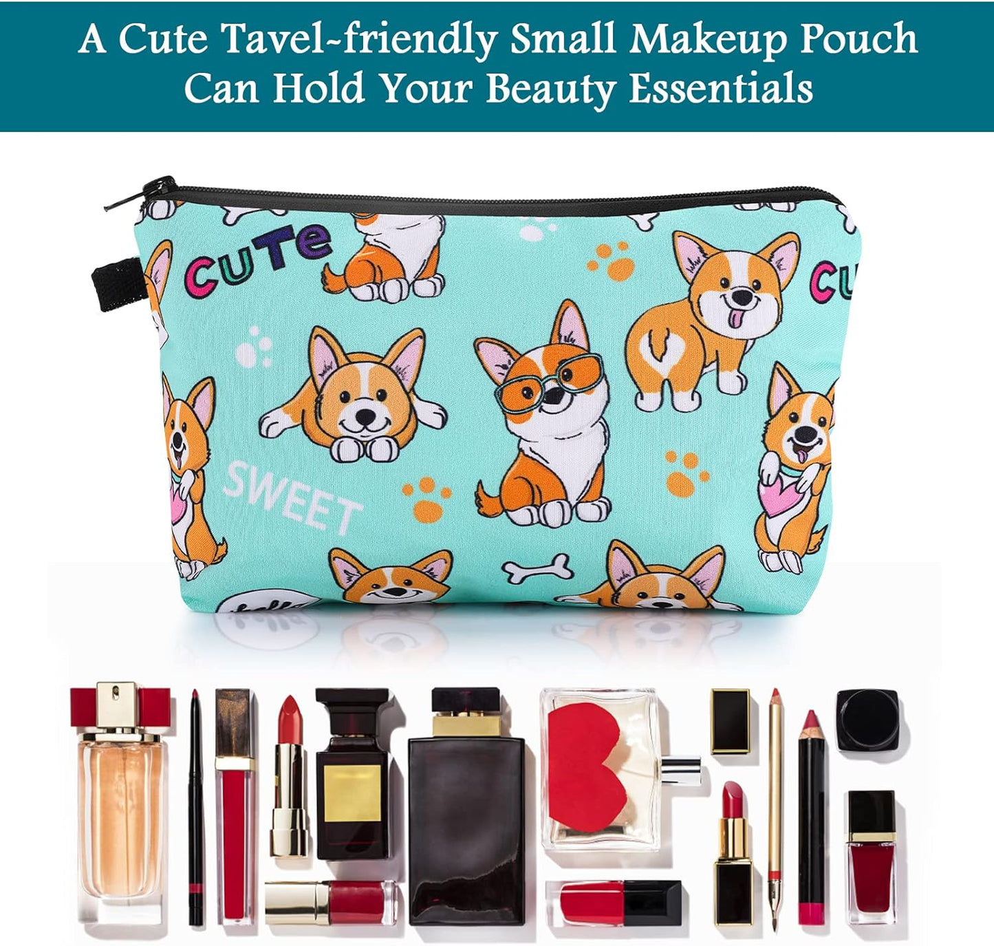 Sibba Canvas Cosmetic Bag, Small Money Bag, Hook & Loop Closure Pen Holder, Cosmetic Bag, Makeup Organizer, Travel Accessories for Teenagers and Girls, Shiba Pattern, Bag Organizer
