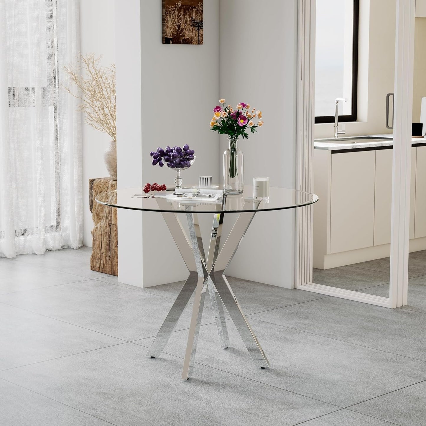 NIERN Tempered Glass Dining Table 31.5'' Round Kitchen Table with Sliver Metal Legs Modern Style for Home, Kitchen, Dining Room