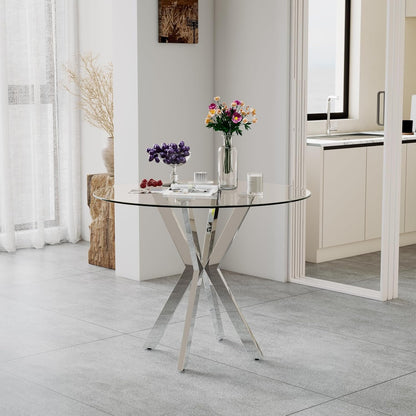 NIERN Tempered Glass Dining Table 31.5'' Round Kitchen Table with Sliver Metal Legs Modern Style for Home, Kitchen, Dining Room