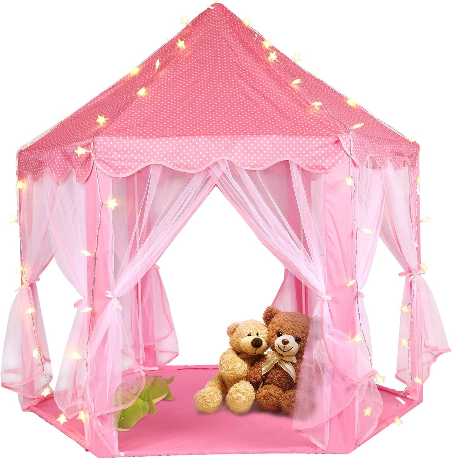Volscity Princess Tent for Girls,Kids Castle Play Tent with LED Star Lights,Large Playhouse Girl Toy Gifts Age 3+,Indoor and Outdoor Games 55.5"x 53"(DxH) Pink (Pink)
