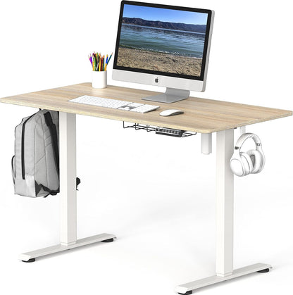 SHW 48-Inch Electric Height Adjustable Sit to Stand Desk with Hanging Hooks and Cable Management, 122 x 60 cm, Maple