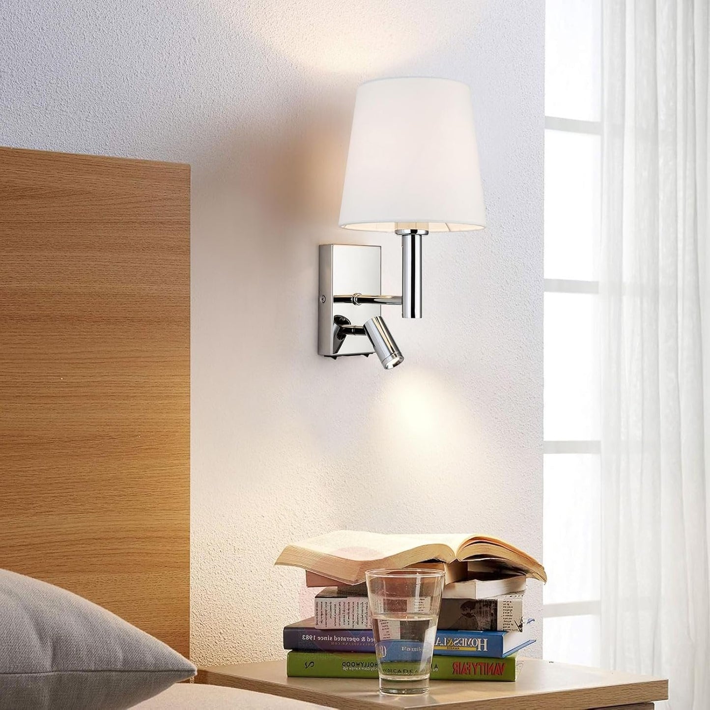 HARPER LIVING 1xE27/ES Up Down Wall Adjustable LED Reading Light, 1 USB Port and 2 On/Off Switches, Finish, Fabric (Cylinder Shade), Metal, Polished Chrome and White