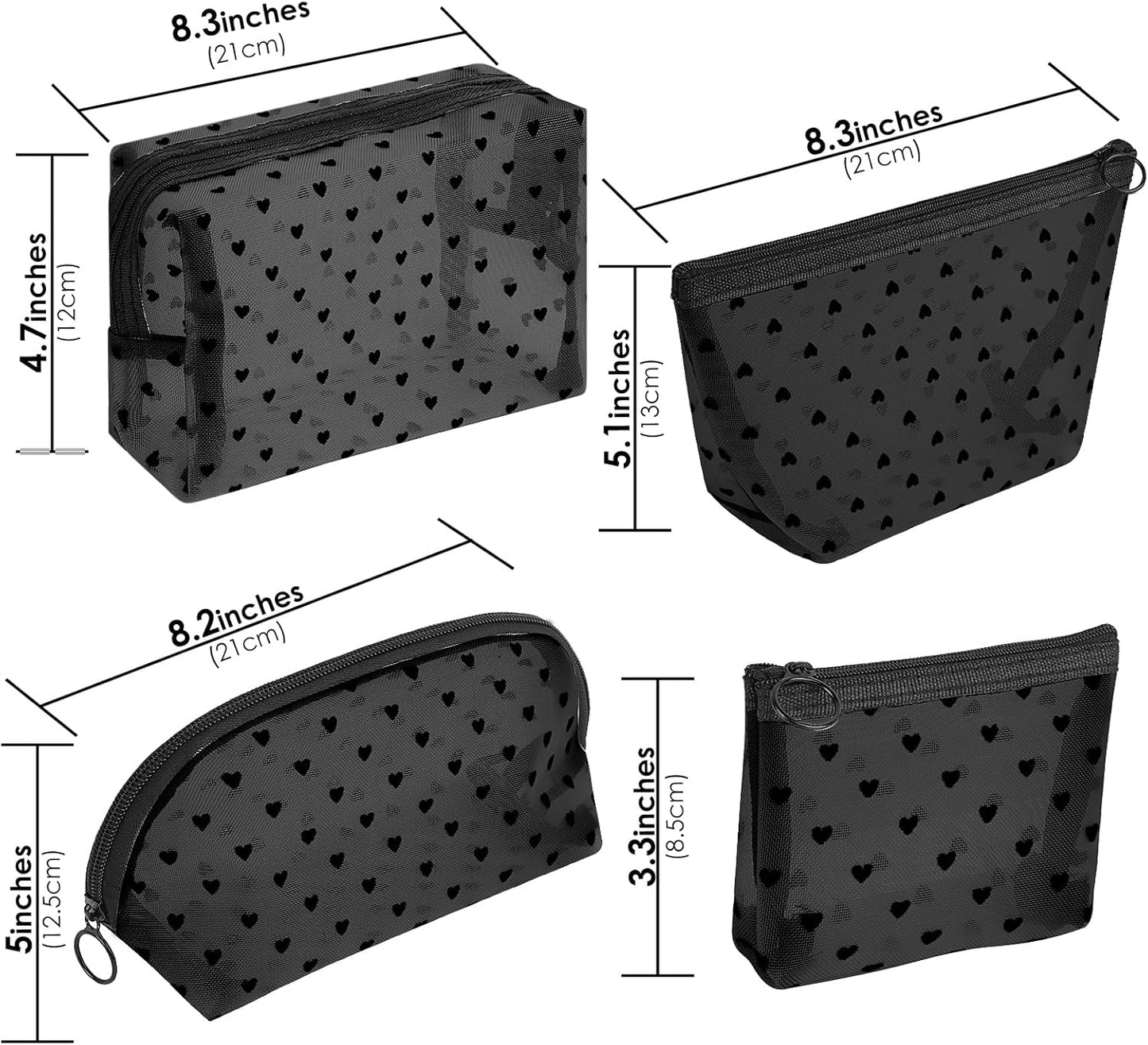 Adorila Mesh Makeup Bags, Heart Print Zipper Mesh Storage Pouch, Travel Cosmetic Accessories Organizer for Women, 4 pack-black, XBL0153003