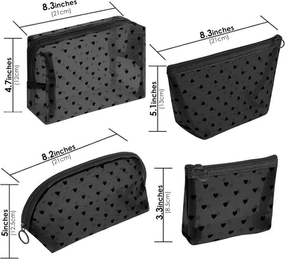 Adorila Mesh Makeup Bags, Heart Print Zipper Mesh Storage Pouch, Travel Cosmetic Accessories Organizer for Women, 4 pack-black, XBL0153003