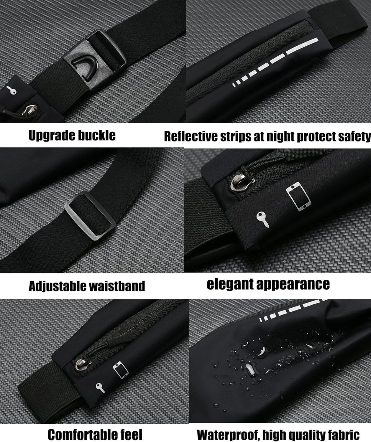 Slim Running Belt Fanny Pack, Adjustable Reflective Phone Holder Runners Waist Pouch Belt for Workout, Money Belt Running Gift Gear Accessories (Black)