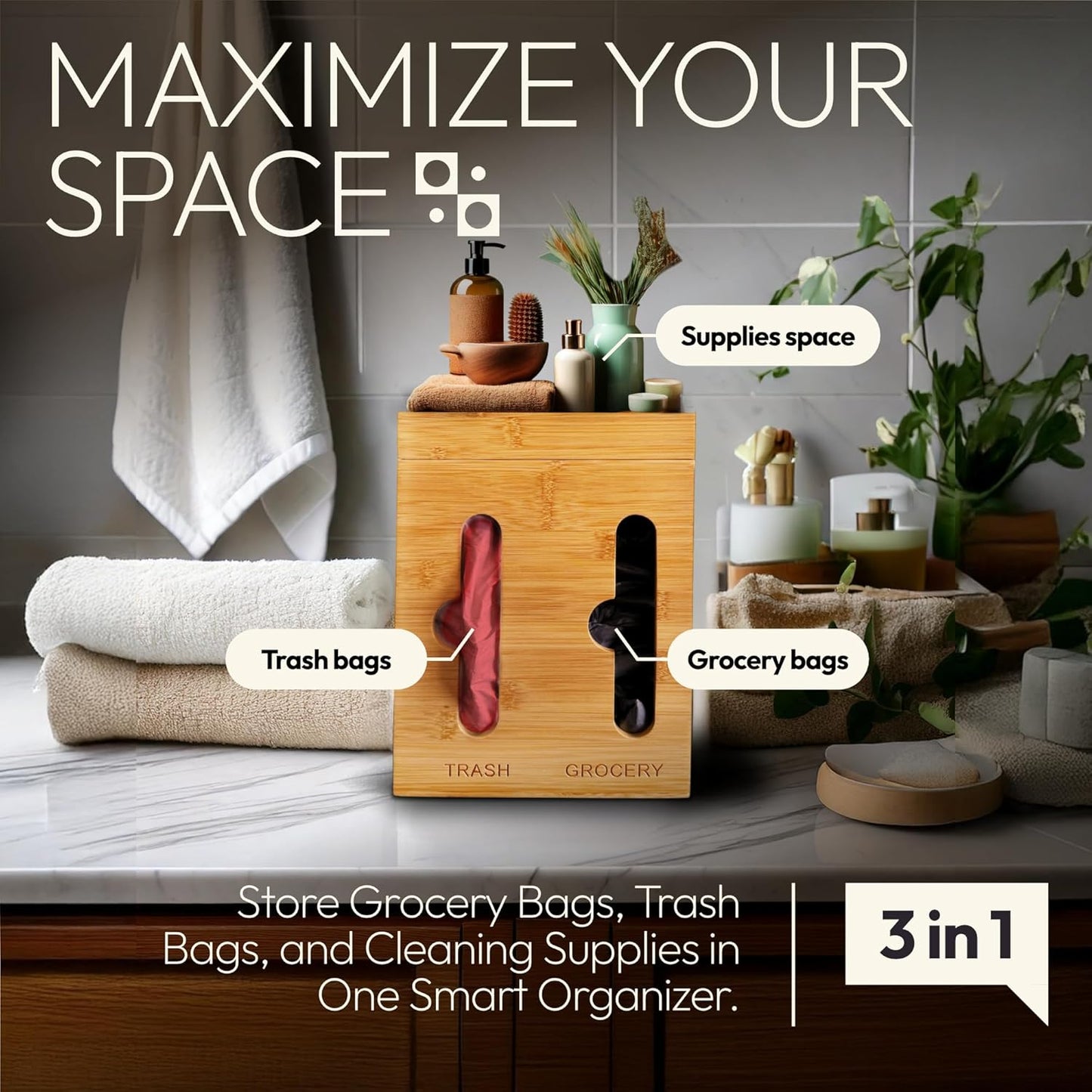 Plastic Bag Holder and Dispenser – Pantry Organizer for Kitchen Accessories - Under Sink Organizer and Storage for Kitchen Essentials - Bamboo Cabinet Dispenser and Trash Bag Holder