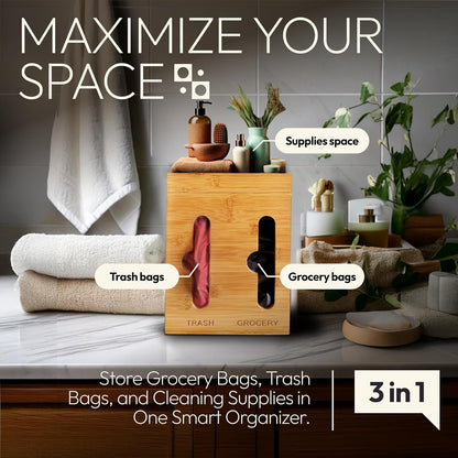 Plastic Bag Holder and Dispenser – Pantry Organizer for Kitchen Accessories - Under Sink Organizer and Storage for Kitchen Essentials - Bamboo Cabinet Dispenser and Trash Bag Holder