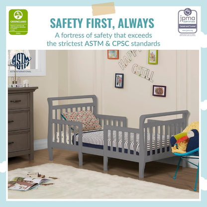 Dream On Me Emma 3-In-1 Convertible Toddler Bed In Storm Grey, Non-Toxic Finish, JPMA Certified, 4 Wooden Safety Rails, Made Of Durable New Zealand Pinewood