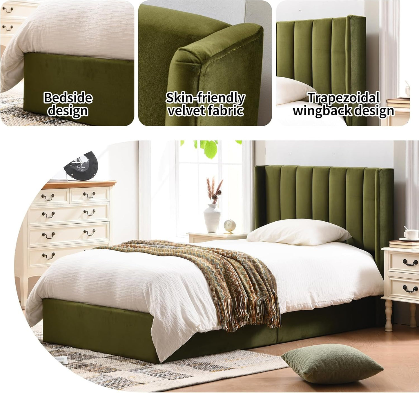 YUHUASHI Twin Size Hydraulic Storage Bed, Upholstered Platform Bed Frame, Modern Wingback Design Headboard, Velvet Fabric with Hydraulic Support Bars, No Box Spring Required (Grass Green, Twin)