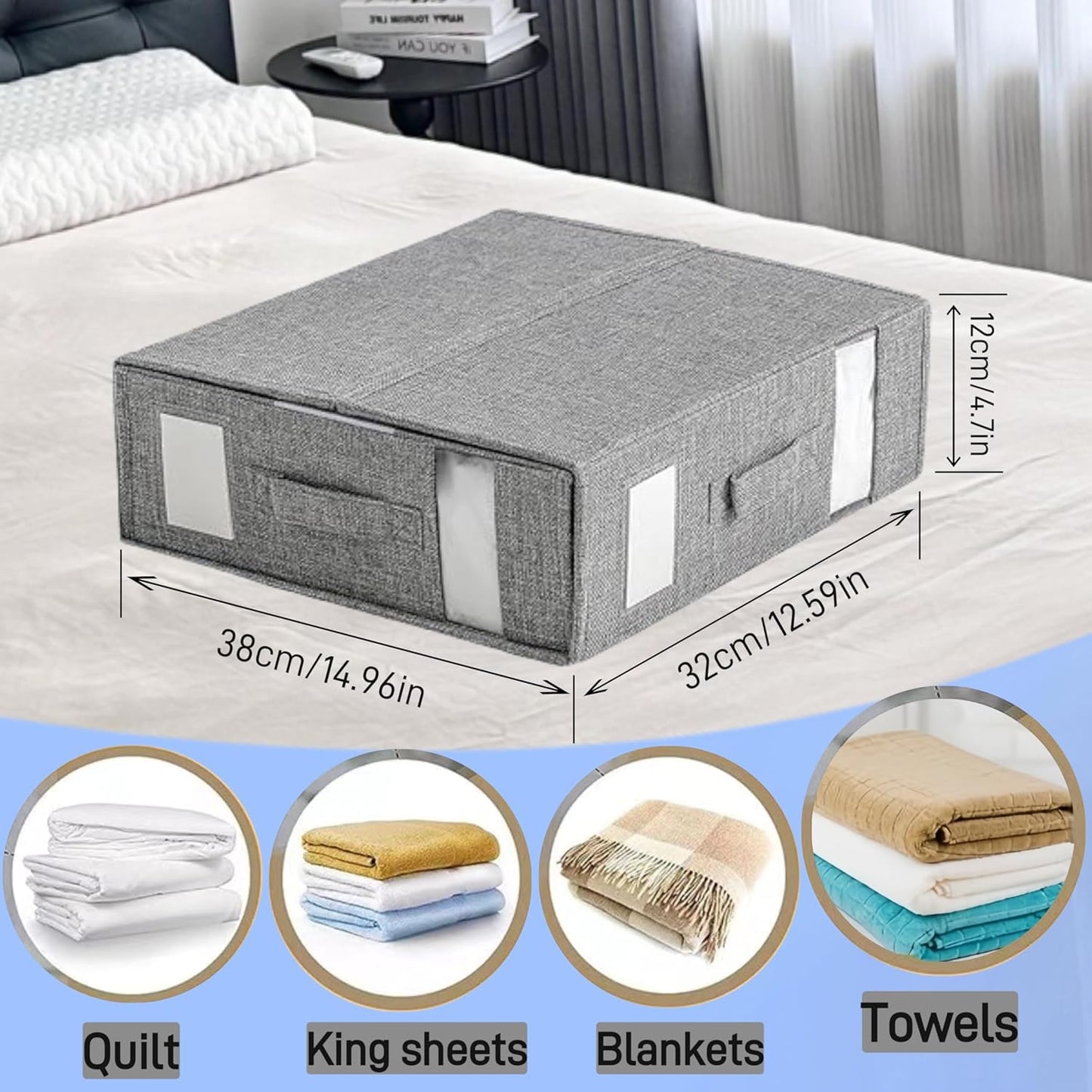 Bed Sheet Organizer, 2 Piece Foldable Bedding Sheet Organizer, Sheet Closet (King and Queen Size Sheets) ，with Two Windows + Two Handles for Sheets, Wardrobe, Home Storage and Organization (Gray)