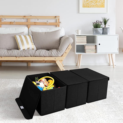 DIMJ 3 Pack Storage Boxes with Lid, Fabric Baskets Closet Storage Bins with Handles Cube Baskets Organization for Home, Office, Nursery(Black)