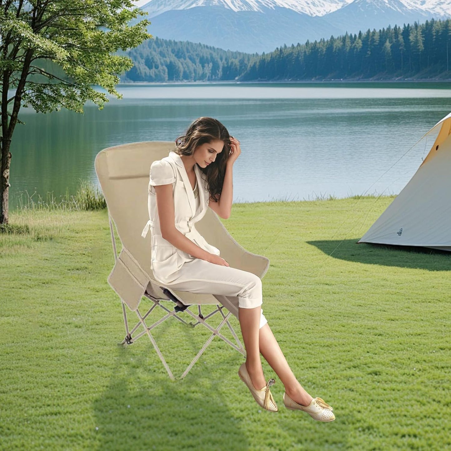 Folding Camping Chair, Portable Beach Seat, Breathable Outdoor Gear, 35.83x18.11x18.11 Inches Ideal for Garden, Hiking, Travel, Fishing, Picnic, Sports, Backyard Use, Khaki