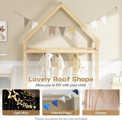 KOMFOTT Twin Size Floor Bed with House-Shaped Headboard, Kids Montessori Floor Bed with Detachable Clothes Hanger, Full Length Safety Guardrails, Door & Latch, Solid Wood Floor Bed Frame