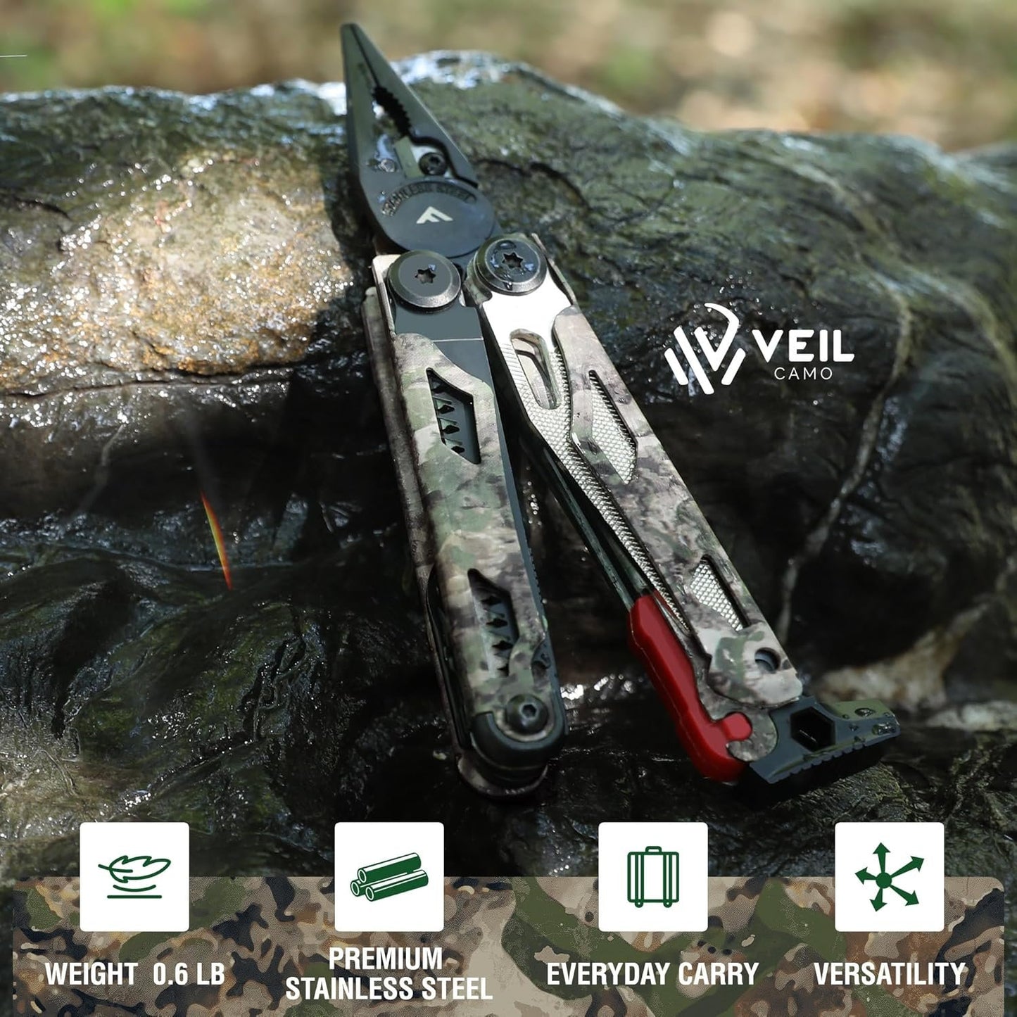 FLISSA 18-in-1 Multitool Pocket Knife with Sheath, Durable Stainless Steel Multi Tool Pliers for Men, Camo All-in-One Tool for Camping, Fishing, and Outdoor Use