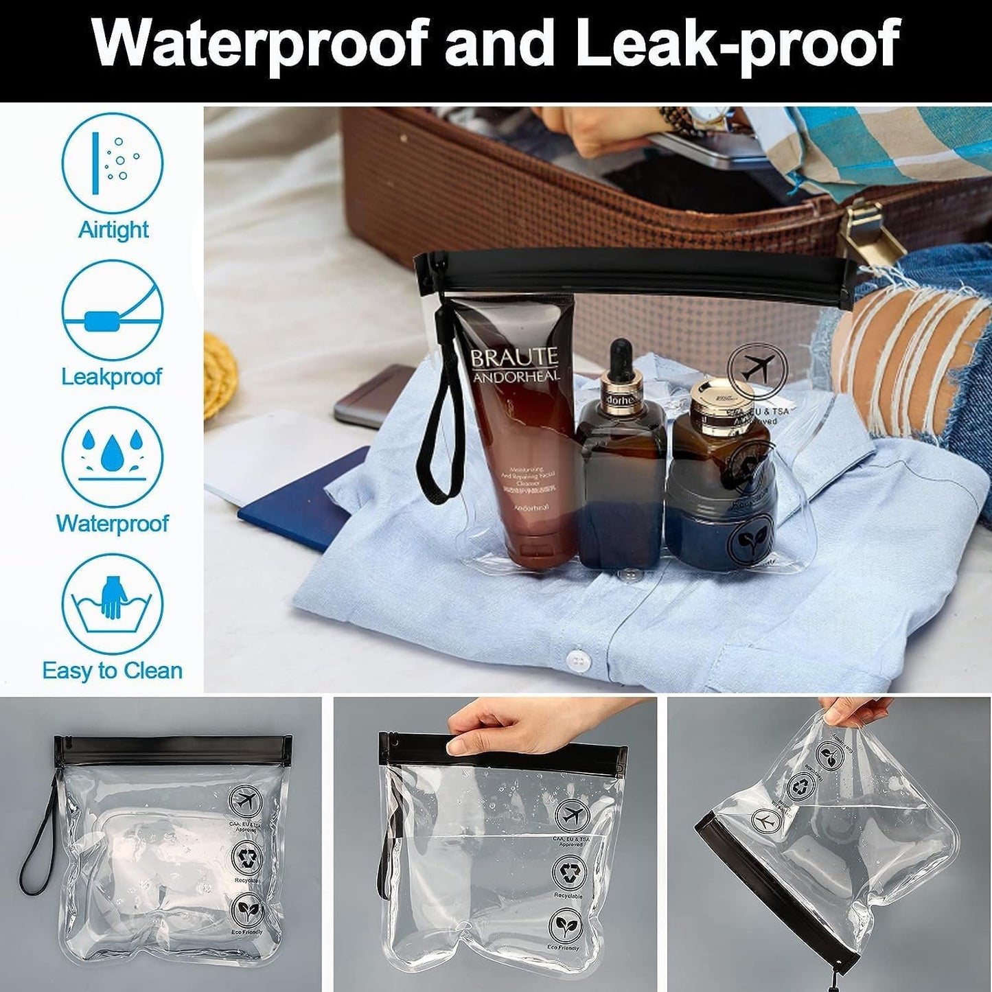 2/4 Pack TSA Approved Clear Travel Toiletry Bag - H HOME-MART Leakproof Airport Security Liquid Bag 20 x 20cm, Travel Accessories Makeup Essentials Clear Tsa Approved Travel Toiletry Bag for Men Women