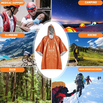 Davonpha Emergency Poncho with Mylar Lined Hood, Reflective, Thickened Double Sided, 90% Heat Retention, Orange, Ultralight Outdoor Survival Blanket for Men, Women, Adults, Camping, Hiking
