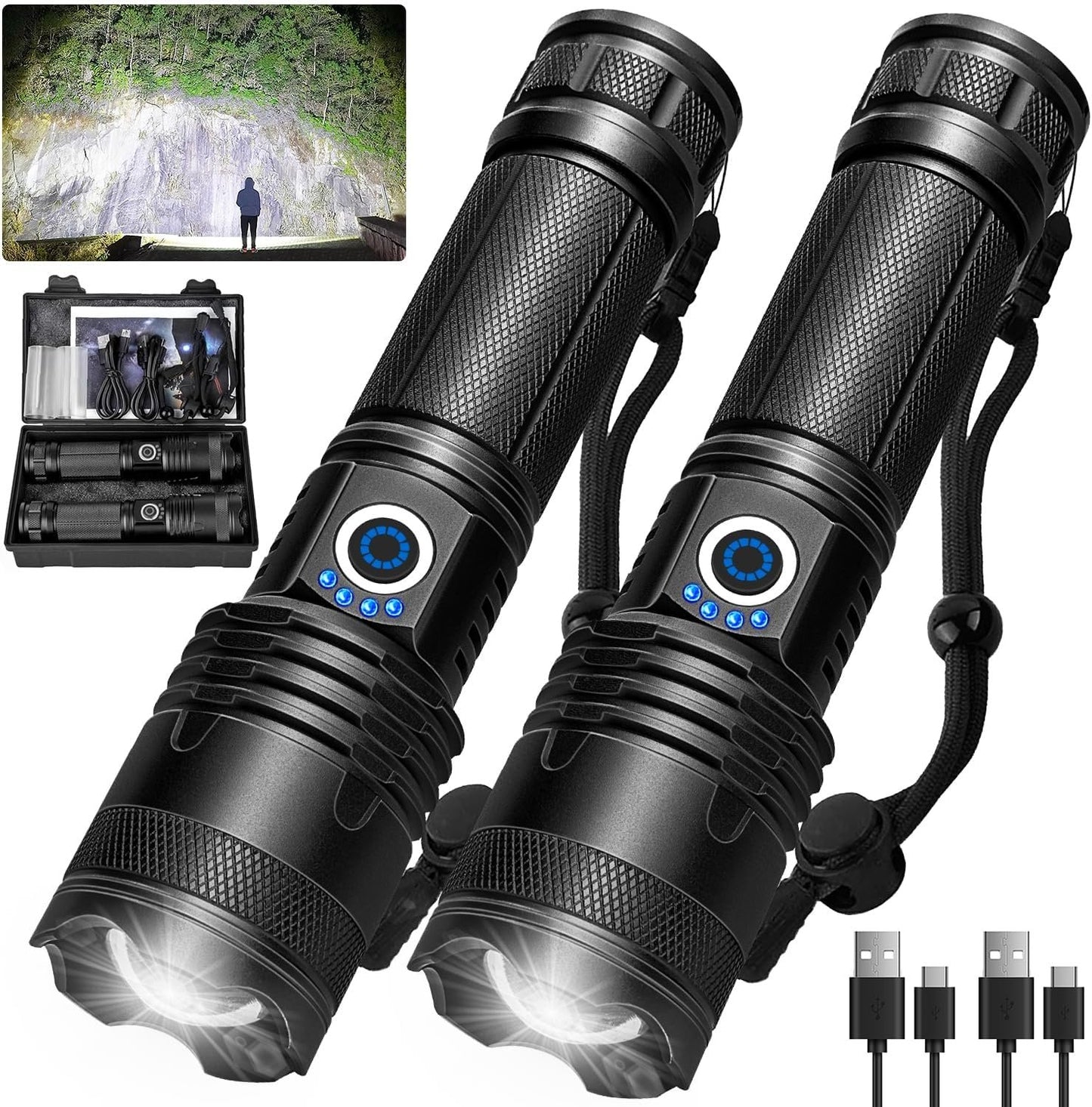Rechargeable Flashlight 2 PCs,High Lumen Super Bright Flash Light with 15 H Long Runtime & 5 Modes,IP6 Waterproof Flashlight for Emergencies Bad Weather, Camping, Hiking