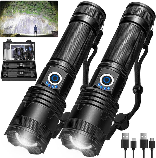 Rechargeable Flashlight 2 PCs,High Lumen Super Bright Flash Light with 15 H Long Runtime & 5 Modes,IP6 Waterproof Flashlight for Emergencies Bad Weather, Camping, Hiking