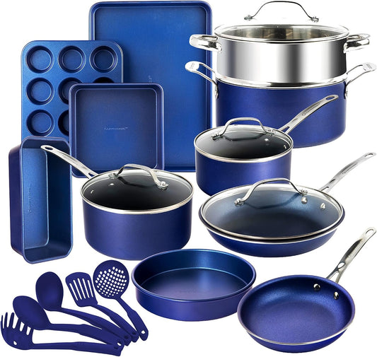 Granitestone 20 Piece Pots and Pan Set, Nonstick Cookware Set, Pots and Pans Set, Non Stick Cookware Set for Kitchen with Frying Pans + Saucepans, Oven/Dishwasher Safe, Healthy & Non Toxic – Blue
