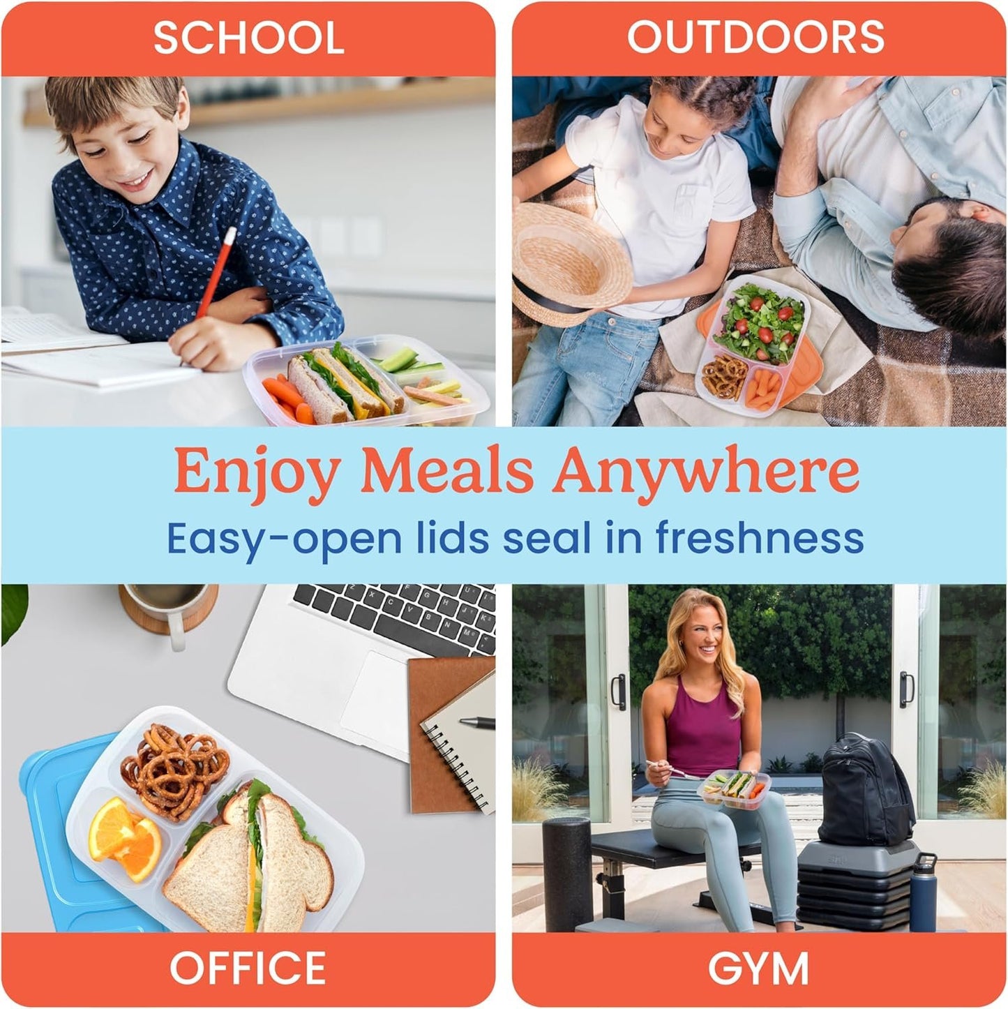 EasyLunchboxesÂ® - Original Stackable Lunch Boxes - Reusable 3-Compartment Food Containers for Kids and Adults - Bento Lunch Box for Meal Prep, School, & Work - BPA Free, Set of 10 (Classic)