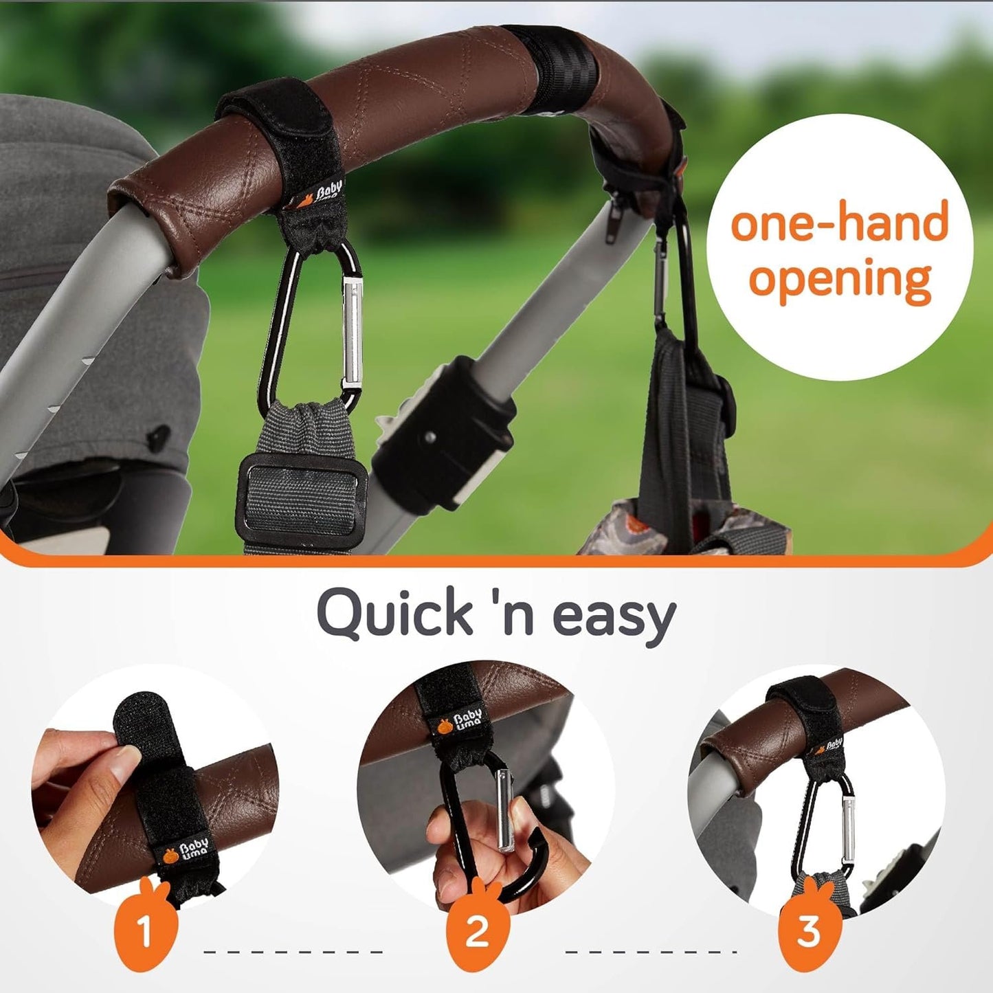Baby Uma Stroller Hooks for Hanging Bags (2-Pack) - Universal Stroller Caddy Clips, Carry 5 kg per Mommy Clip, Carabiner Large, Baby Travel Essentials, New Mom Essentials, Wheelchair Accessories