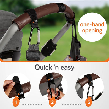 Baby Uma Stroller Hooks for Hanging Bags (2-Pack) - Universal Stroller Caddy Clips, Carry 5 kg per Mommy Clip, Carabiner Large, Baby Travel Essentials, New Mom Essentials, Wheelchair Accessories