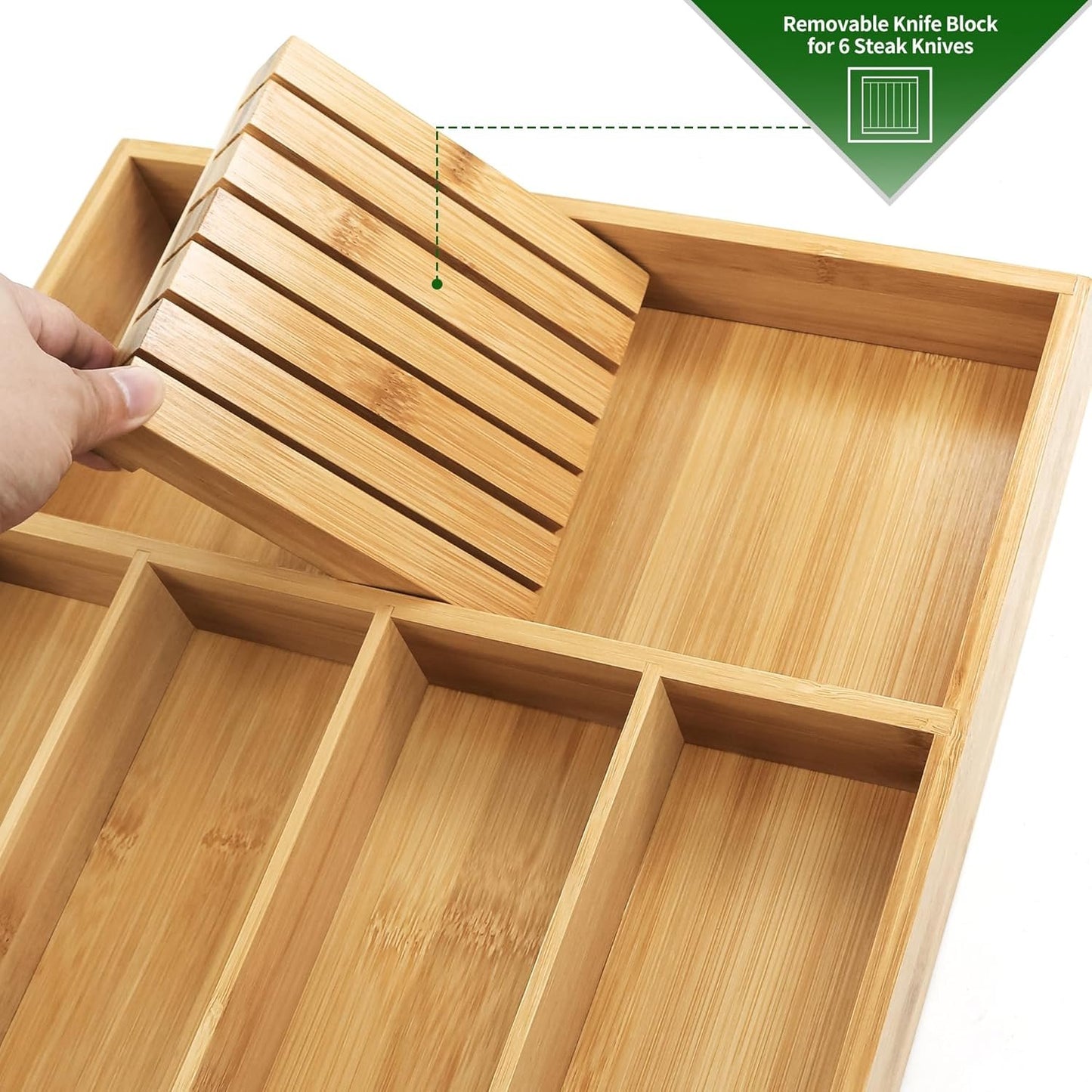 VaeFae Bamboo Cutlery Organizer, Utensil Holder for Drawer, Wooden Cutlery Tray with Divider for Kitchen, Flatware Storage with Removable Knife Block