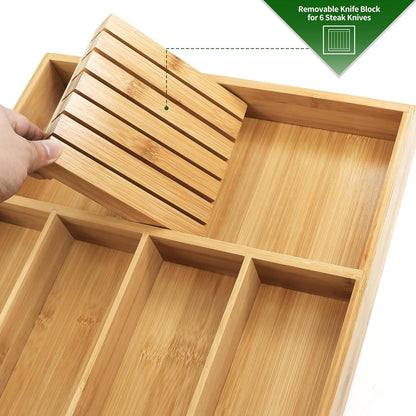VaeFae Bamboo Cutlery Organizer, Utensil Holder for Drawer, Wooden Cutlery Tray with Divider for Kitchen, Flatware Storage with Removable Knife Block
