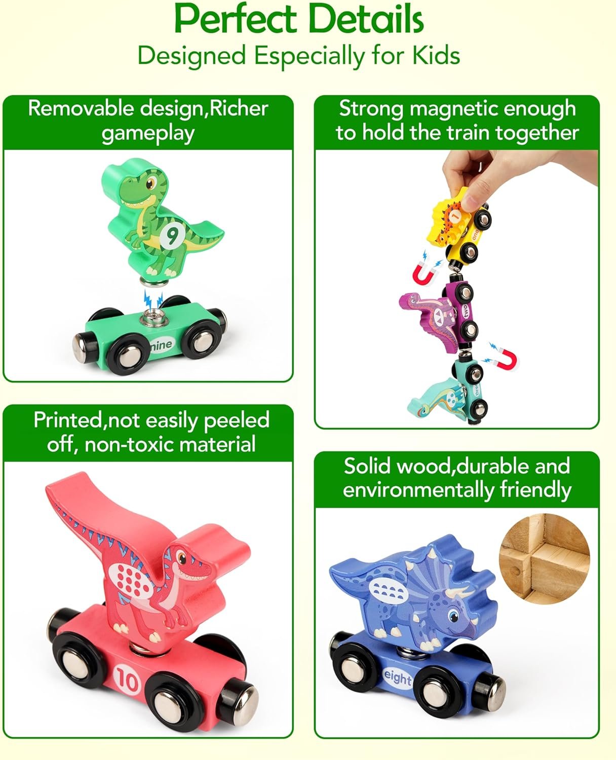 Vanmor Wooden Train Set with Dinosaur Toys, Educational Toddler Matching and Magnetic Number Train Learning Toys for Kids Ages 3-5, Montessori Gift for Boys and Girls who Love Trains and Dinosaurs