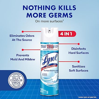 Lysol Disinfectant Spray, Household Essential Cleaning Supplies, Multi-Purpose Room Spray, Antibacterial Sanitizer Spray, Upholstery Deodorizer, Home and Bathroom, Crisp Linen,19 Fl Oz (Pack of 12)