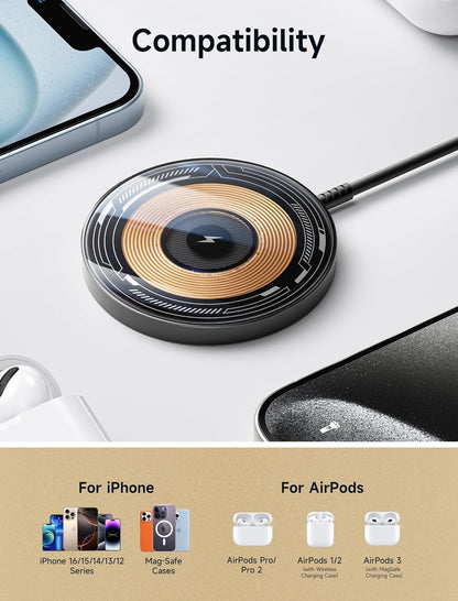 JSAUX Magnetic Wireless Charger Compatible with MagSafe Charger for iPhone 16 Pro/Max/Plus, iPhone 15/14/13/12/Pro/Max/Plus/Mini, Wireless Charging Dock, Mag Charger (Black)