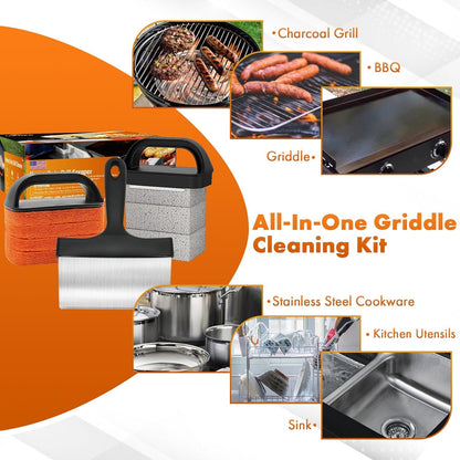 MEKER Griddle Cleaning Kit for Blackstone, Flat Top Grill Cleaning Kit with Grill Stone, Upgraded Scouring Pads & Griddle Scraper & Brush with Handle - Easy to Remove Stain (10 PCS)