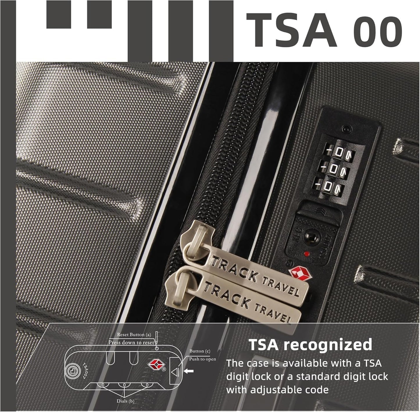 TRACK TRAVEL 4 Piece Luggage Set ABS+PC Expandable Hardshell TSA Lock Aluminum Trolley Spinner Wheels (Dark Grey, 4 Piece Set)