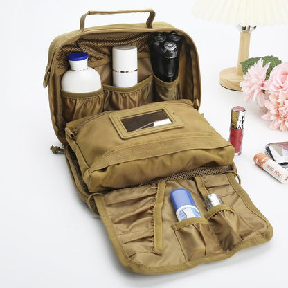 SMONT Tactical Toiletry Bag for Men, 9.5" Hanging Dopp Kit Shaving Hygiene Bag for Traveling Bathroom, Khaki, Travel