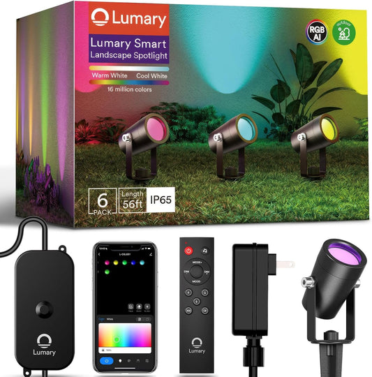 Lumary 56FT Smart Landscape Lights Gen2, 6 Pack RGBAIWW Color Changing Spotlights Low Voltage, Outdoor Lights for Yard, Festival, Compatible with Alexa & Google Assistant