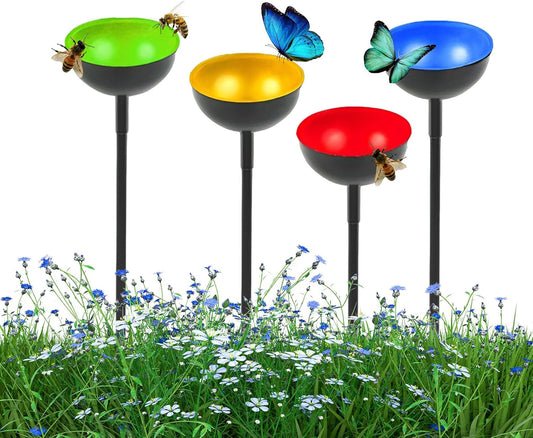 Bee Watering Stations,4 Pack Standing Water Dispenser - Rustproof Metal Stake Feeder, Watering Bath Bowl, Pollinator Feeding Tool for Outside Use