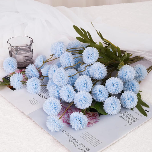 CHICNOOK Faux Kiku Flower,Blue 12 Stems Slik Small Chrysanthemum Flowers, Artificial Pompon Mums for Spring Floral Arrangements, Aesthetic Room Decor,Table Centerpieces,Wedding,Bouquet,Vase