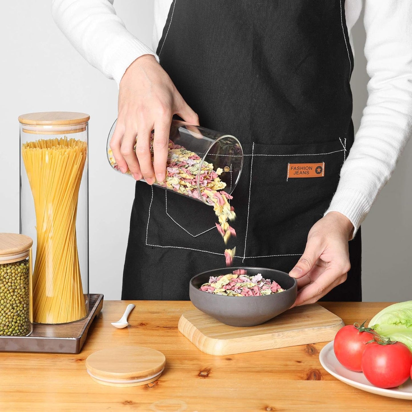 ComSaf 70oz Glass Spaghetti Pasta Storage Container with Bamboo Lids 2050ml Set of 3, Round Tall Clear Airtight Food Storage Jar, Kitchen Pantry Storage Container for Noodles Cereal Coffee Beans