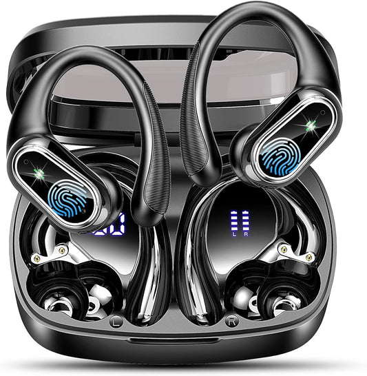 Wireless Earbuds, Bluetooth 5.3 Headphones Sport, Bluetooth Ear Buds with Noise Canceling Mics, 50H Stereo Wireless Headphones with EarHooks, LED Display, IP7 Waterproof Earphones for Running, Black