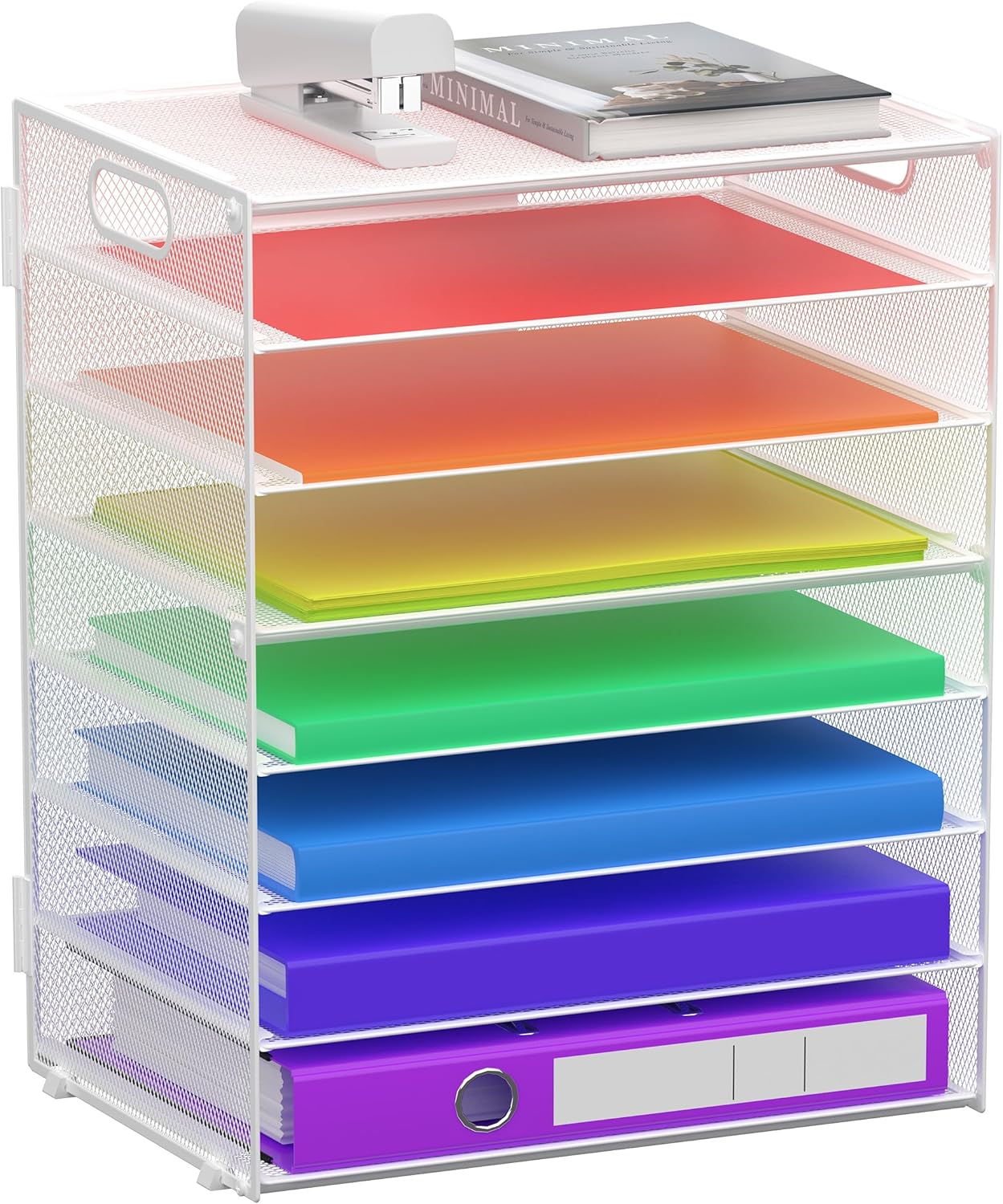 8 Tier Paper Letter Tray Organizer with Handles, Mesh Desk File Holder Storage Organization for Home School Classroom & Office (White)
