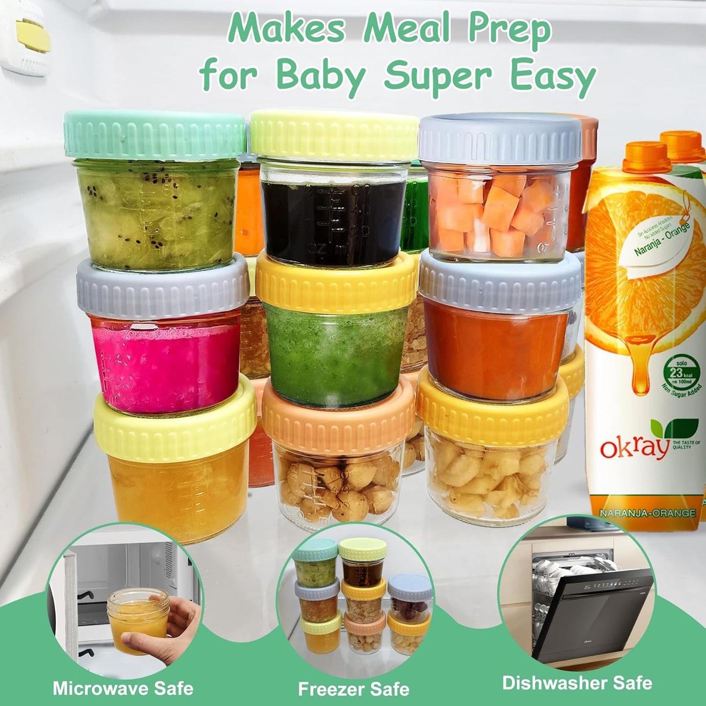 HuanShiJingXuan 20 Pack Glass Baby Food Storage Containers, 4 oz, Safe for Baby Food, Jams, Fruits, Salads, Jellies, Spices, Nuts, Homemade Desserts, Microwave & Dishwasher Safe, BPA Free Reusable