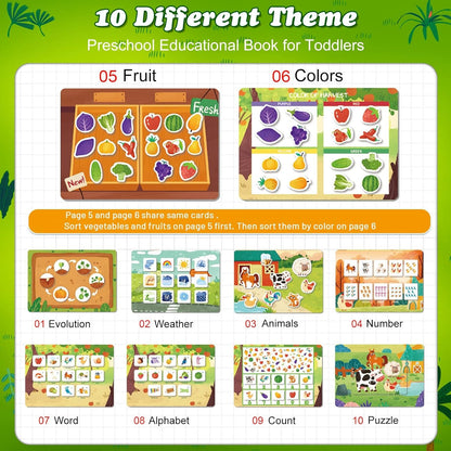ASTARON Educational Montessori Toys Farm Busy Book for Toddler, 10 Themes Preschool Sensory Learning Toys, Kids Birthday Gift, Airplane Car Travel Activities for Toddlers