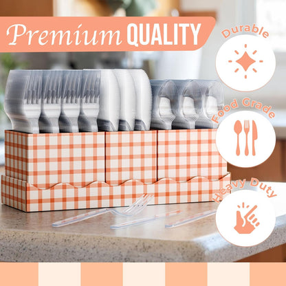 Exquisite Utensil Caddy Organizer with Clear Plastic Forks and Spoons & Knives Gingham Kitchen Utensil Holder for Party with 3 x 100 Plastic Spoons and Forks Disposable Knives Clear Cutlery Set