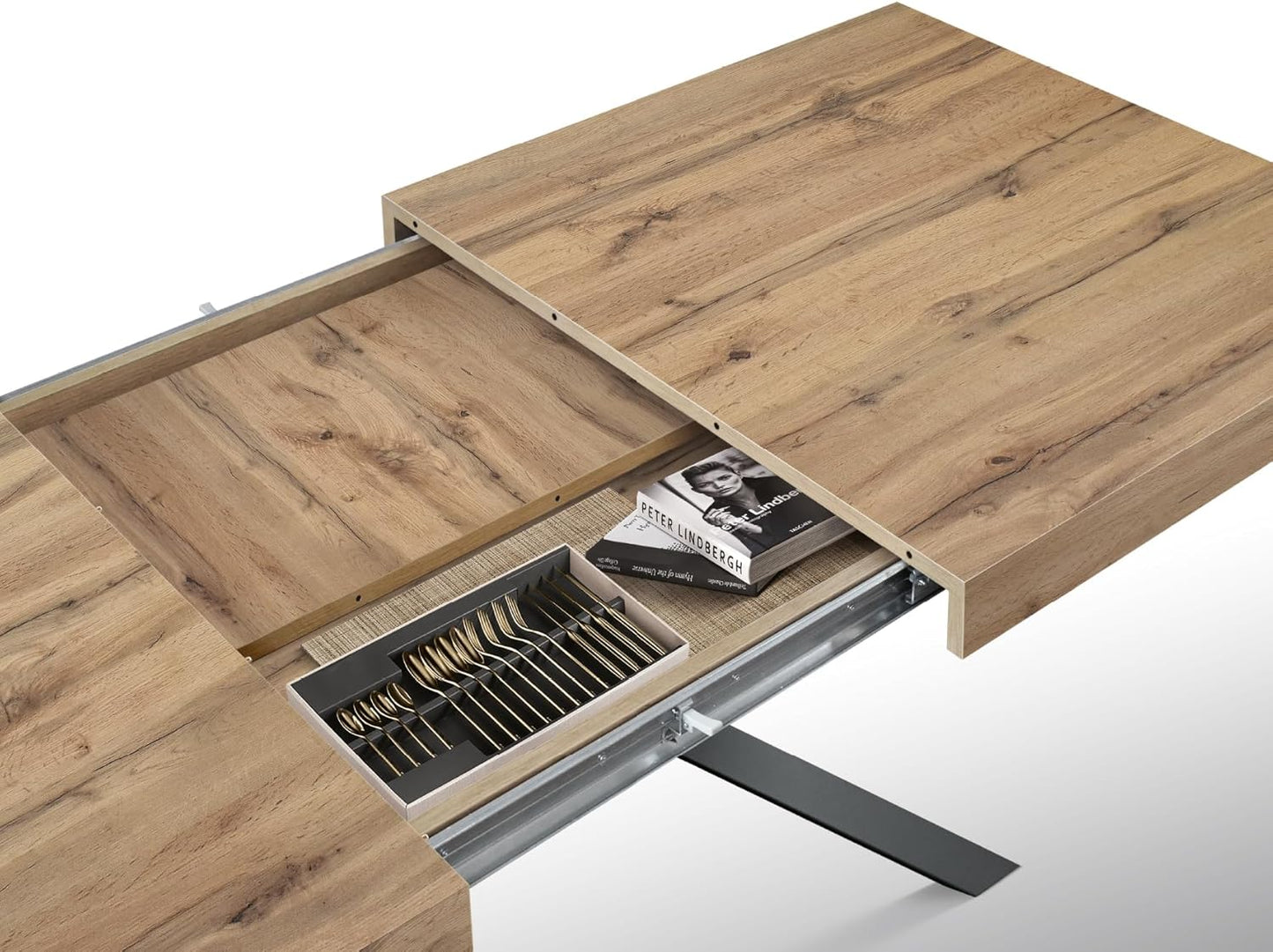 PAZZO DESIGN Leonardo Extendable Table, Black Cross Legs, Made In Italy, Rustic Oak, Kitchen Table, Dining Room Table, Extendable Table, 95 x 90 x 76 cm - id_2129