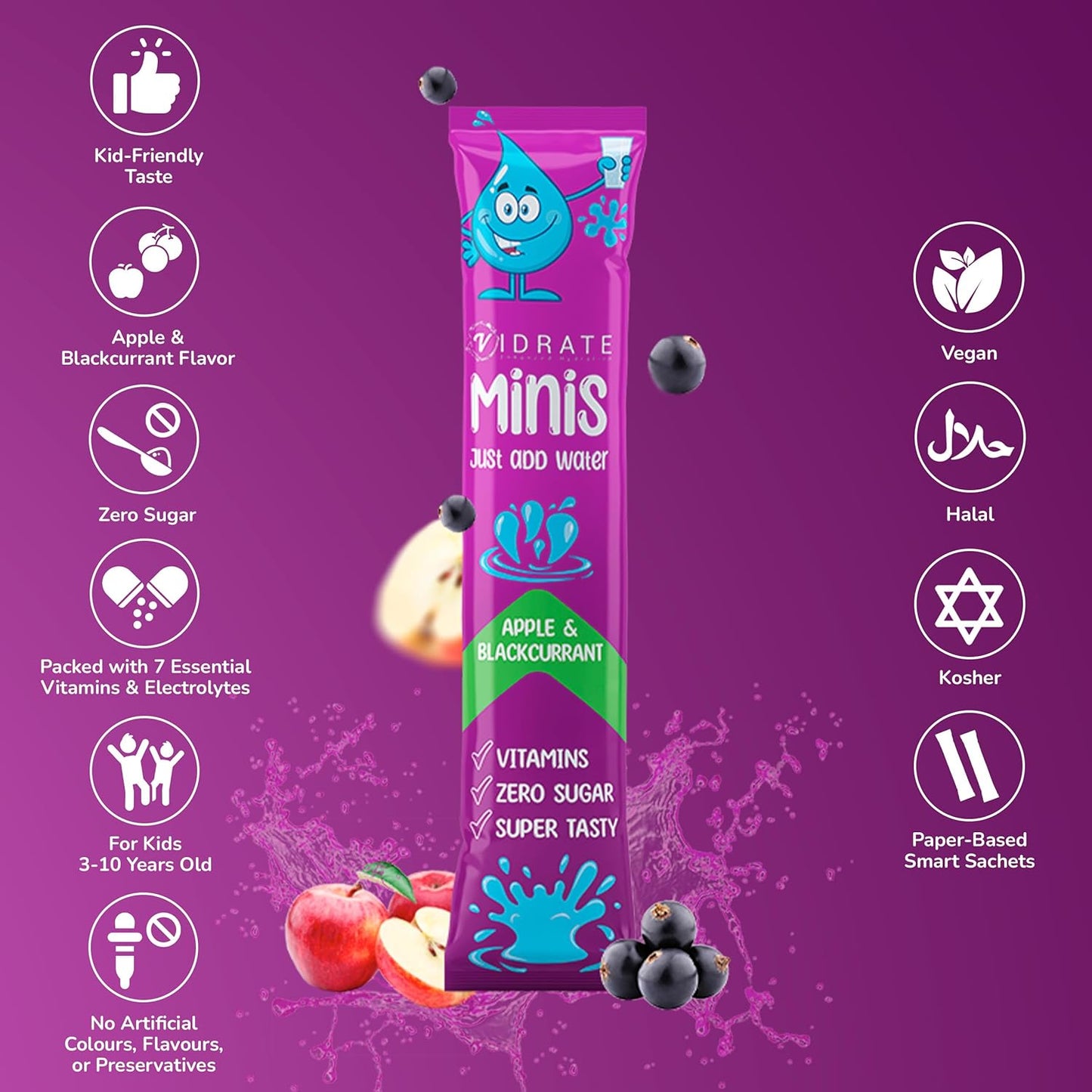 Vidrate Electrolyte Powder for Kids - Apple & Blackcurrant Flavoured Vitamin Water with Natural Ingredients & Zero Sugar - Hydration Drink for School & Sports - 20 Pack Minis Electrolyte Sachets