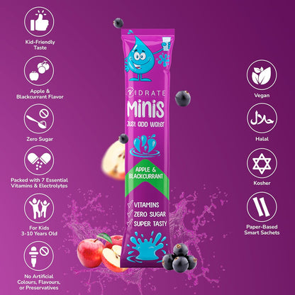 Vidrate Electrolyte Powder for Kids - Apple & Blackcurrant Flavoured Vitamin Water with Natural Ingredients & Zero Sugar - Hydration Drink for School & Sports - 20 Pack Minis Electrolyte Sachets