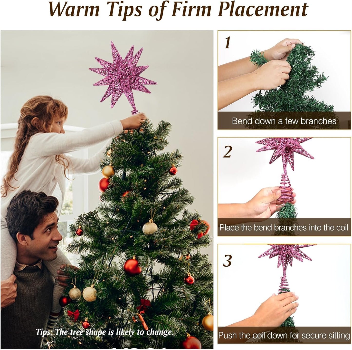 Lewondr USB Powered Christmas Tree Topper with Remote Control and Timer Function, Christmas Decoration with LED Light 3D Star Shape, Home Decoration, Christmas Items, Purple